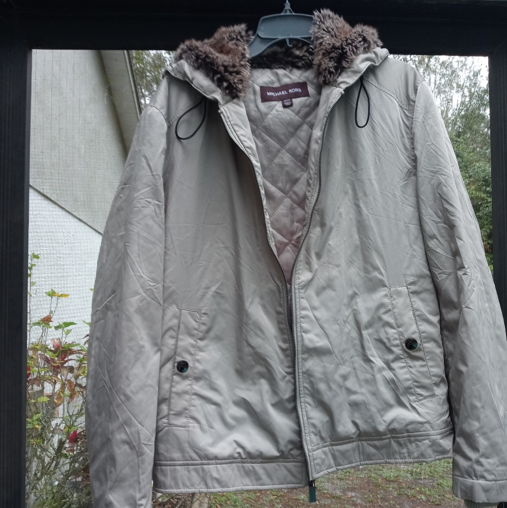 Michael Kors Beige Jacket with Faux Fur Hood Mens M